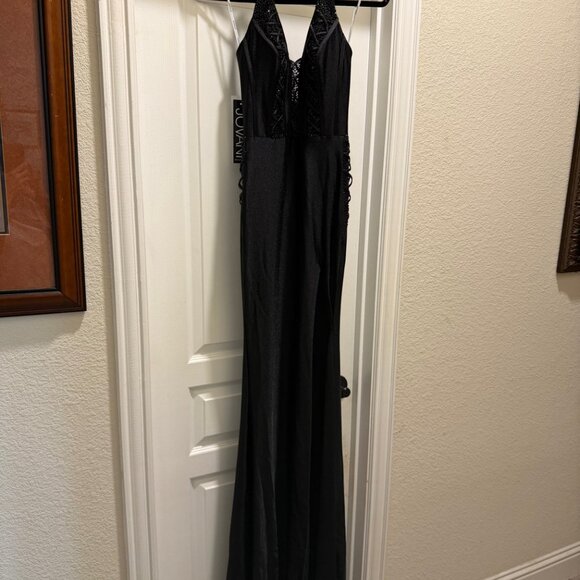 Jovani D5034 Black Elegant Embellished High Slit Dress Size 00 NWT - Picture 2 of 8